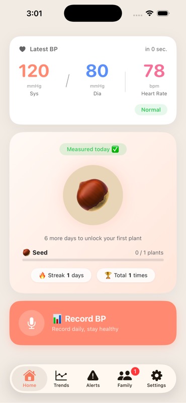 Jimmy home screen: latest blood pressure and record button